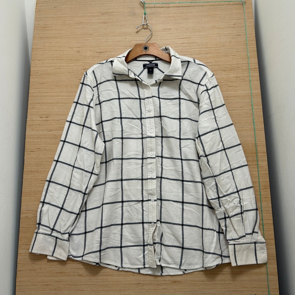 Lands‎ End Womens 16 Flannel Shirt Ivory Black Windowpane Check Button Down 5525